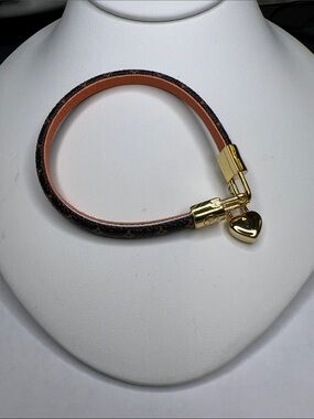 Designer Inspired Brown Monogram Leather Bracelet with Gold Heart Charm Accent